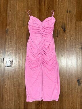 Astr Pink Ruched Sweetheart Midi Dress